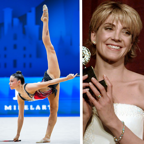 Gymnast Milena Baldassarri balances one one leg, with the other pointed towards the sky, next to an image of Natasha Richardson holding a Tony Award