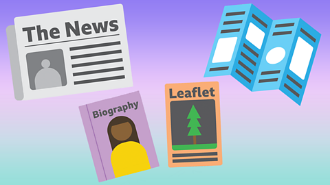 Illustrated image showing a newspaper, a biography, a leaflet and a brochure. All non-fiction texts.