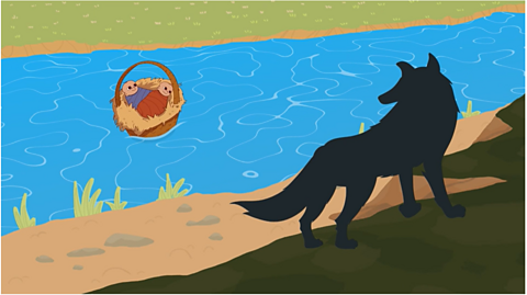 Animated image of baby Remus and Romulus in a basket floating down the river with a wolf looking at them from the river bank.  