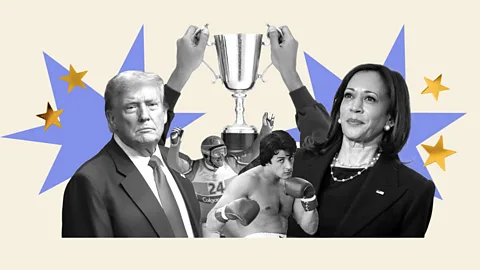 Serenity Strull/ Getty Images A collage of Donald Trump, Kamala Harris and two athletes with a trophy in the middle (Credit: Serenity Strull/ Getty Images)