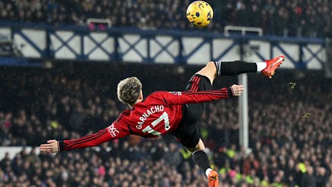 Alejandro Garnacho of Manchester United scoring an overhead kick.