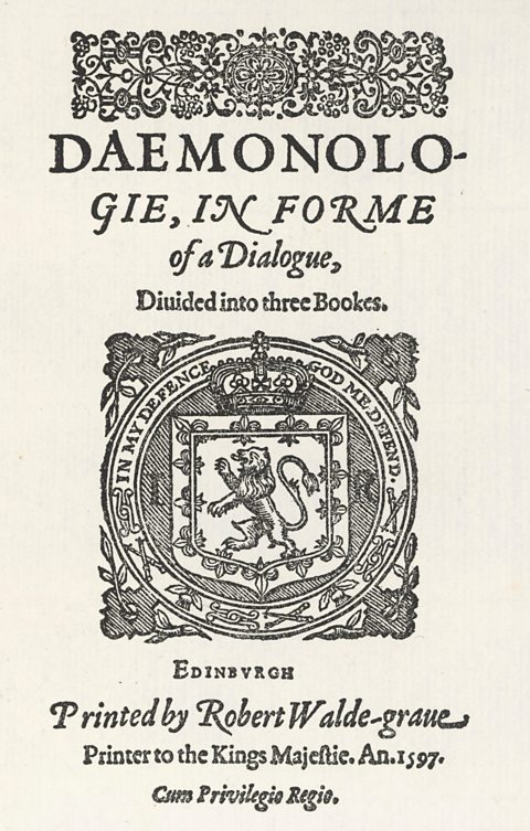 Còmhdach aghaidh leabhar Rìgh Seumas VI mu bhuidseachd, Daemonologie, 1597. 