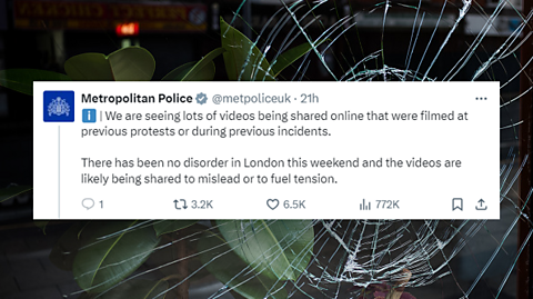 X post from the Met Police warning that videos of previous protests are being shared online, likely to fuel tension