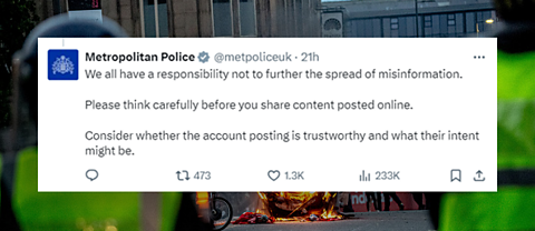 Image of X post from the Met Police, asking people to think carefully before sharing content as it could be misinformation