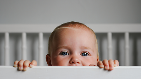 A baby peers over the edge of a white cot, its small hands clinging to the side.