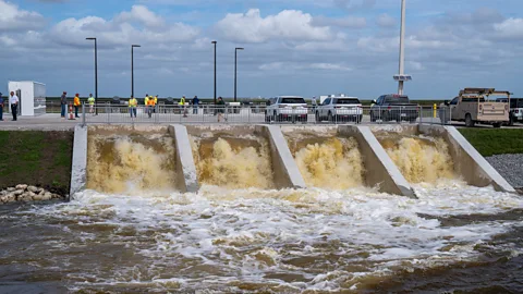 Lucy Sherriff A stormwater treatment cell in full flow. The water must be treated before it can be released into the ecosystem (Credit: Lucy Sherriff)