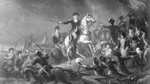 A painting of George Washington and his army during the Battle of Long Island