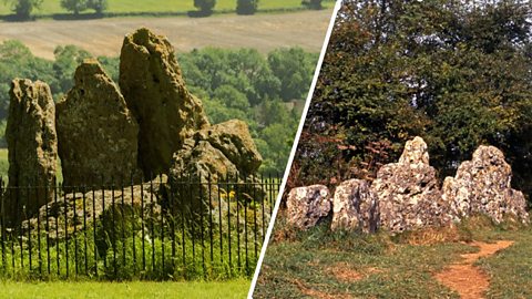 A collage of two images both showing a collection of prehistoric stones