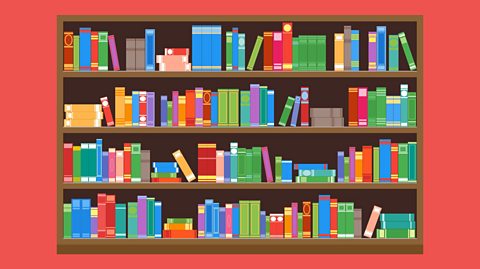 A large wooden bookcase on a red background. Flat style. Different books on the shelves. 