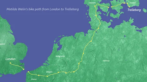 Matilda's path from London, UK and Trelleborg, Sweden which took her 17 days to cycle and included multiple ferries (Credit: BBC)