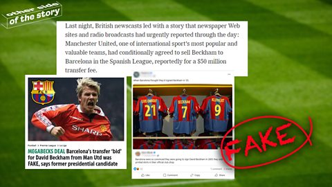 A news story claiming David Beckham is signing with Barcelona, a football shirt with Beckham's name on the back and a recently online story saying that the story was fake