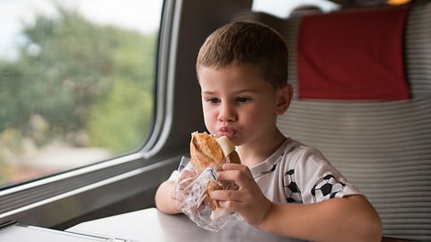 boy eating a sandwich on a train