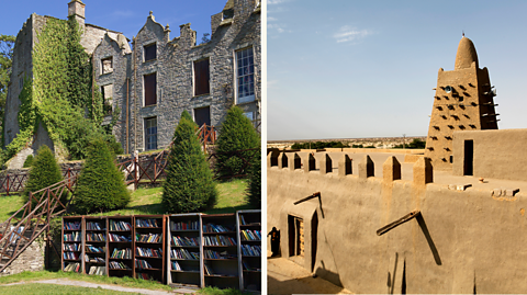 Split image of Hay-on-Wye in Wales (left) and Timbuktu in Mali (right)