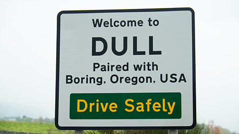 A road sign which reads 'Welcome to DULL Paired with Boring, Oregon, USA