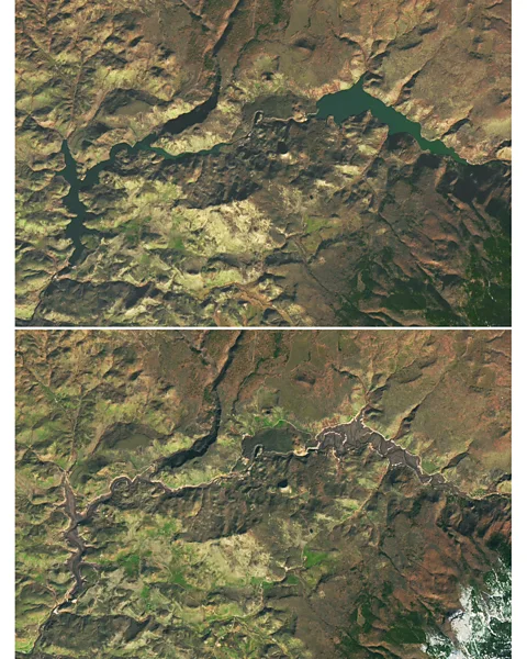 Part of the Klamath River before the dam removal, above, and afterwards, below (Nasa Earth Observatory/Landsat/US Geological Survey)