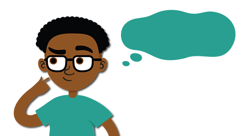 A Black child wearing glasses and a blue t shirt is thinking. There is a thought bubble appearing from his left.