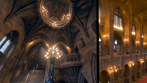 A view of the staircase and vaulted stone ceiling of the John Rylands Library, and a view of the two levels of book stacks with stone arches