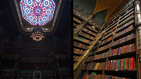 A view of the dark towering bookshelves of the Royal Portuguese Cabinet of Reading and its stained glass skylight and chandelier, and a close-up of a bookshelf