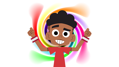 A child standing in front of a rainbow coloured swirl