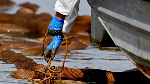 Getty Images Um trabalhador levanta uma barreira absorvente encharcada de óleo após o vazamento da Deepwater Horizon (Crédito: Getty Images)