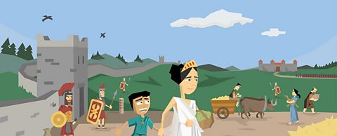Animated image showing a castle, a group of Roman soldiers, some farmers and a Roman lady holding her son's hand. 