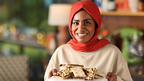 Nadiya with a plate of her banana and peanut bark 