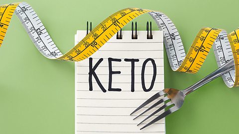 A notepad with keto written on it together with a tape measure and fork