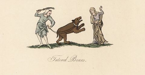 An old painting of a woman dancing in front of a brown bear chained to its master. The bear is on its hind legs and looks ready to attack, the master is holding a stick..