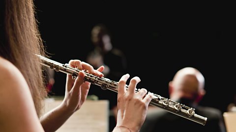 A rear view photo of the head and shoulders of a female flautist performing on stage.