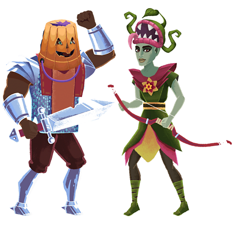 A Knight wearing an orange Halloween-themed pumpkin bucket helmet with his hand raised in the air next to an Elf carrying a bow and arrow and wearing a Venus flytrap-themed hat 