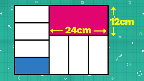 The pink domino in the top right corner of the rectangle has dimensions written as length: 24cm and width: 12cm