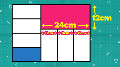 The three dominoes under the pink one line up perfectly so it's length of 24 is divided by 3 which means each of those three domino's has a width of 8cm