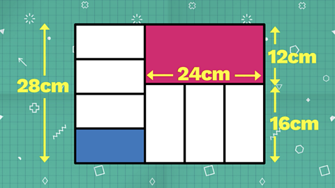 We have the length of outside rectangle now as 28cm after adding the dimensions of the domino's we know as 12cm and 16cm.