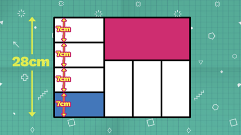 28cm can be divided by the four domino's to give us their width as 7cm each.