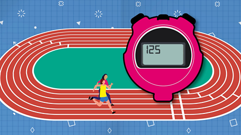 The pair of runners are together on the track with a stopwatch showing the time as 125 seconds. 