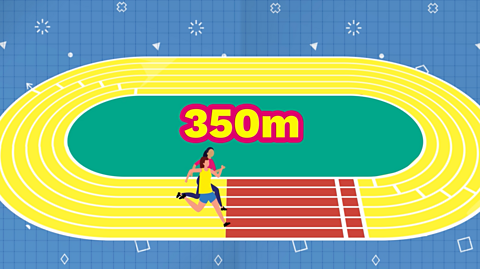 The runners are together on the track with 350m on screen and the track highlighted to show they are 50m from the finish line