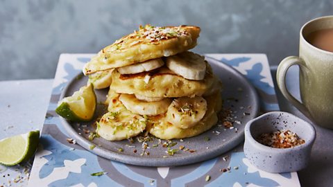 Cottage cheese pancakes with banana and coconut