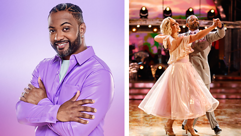 JB Gill poses in a pink suit next to an image of JB dancing with Amy Dowden on Strictly Come Dancing.