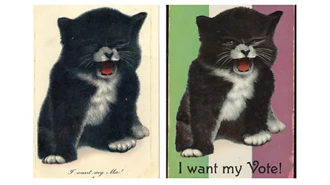 Lancaster University/ The Johns Hopkins University Like modern memes, early cat content was reused and repurposed for different messages (Credit: Lancaster University (left) and The Johns Hopkins University (right))