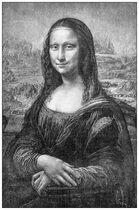 A black and white drawing of Leonardo's Mona Lisa.