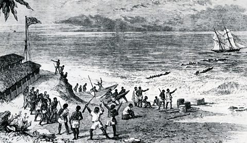 Illustration showing a Portuguese slave ship being loaded.