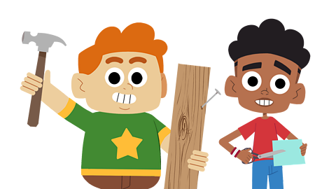 A young child holding a plank of wood and a hammer and another cutting paper with some scissors