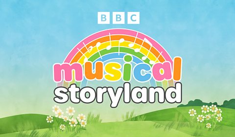 Musical storyland logo (rainbow with musical notes on it) on a background of blue sky and green hills with daisies.