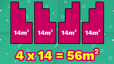 Four sides of a sculpture. Each has area of 14 square metres. Total area is four times fourteen, which is 56 square metres