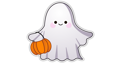 A  ghost carrying a trick or treat pumpkin bucket 