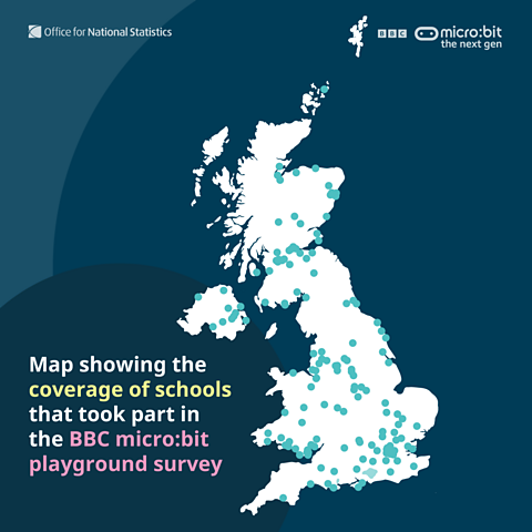 A graphic depicting a map of the UK with location dots across it showing where schools are that took part in the micro:bit playground survey