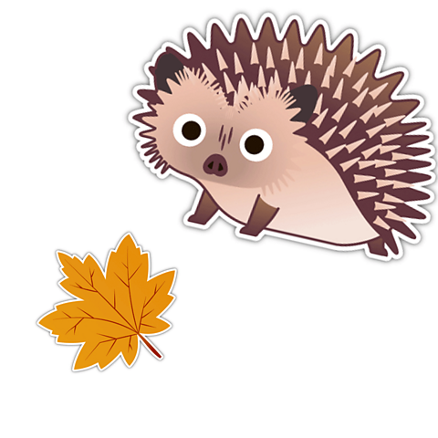 An orange leaf and a cartoon hedgehog