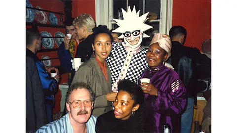 Joan Burey Leigh Bowery pictured with friends at an afterparty for a show by choreographer Matthew Hawkins in 1987 (Credit: Joan Burey)