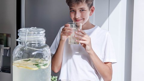 A smiling boy holding a glass with a homemade lemonade and looking at camera while enjoying hot summer day at the kitchen.