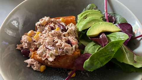 Sweet potato with tuna, sweetcorn and beans, served with a side salad